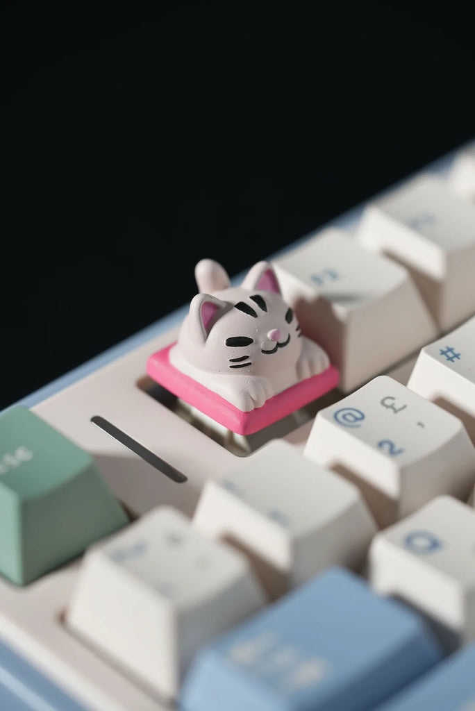 Pembe yastıkta uzanan beyaz kedi tasarımlı 3D baskı artisan keycap, Arcera 3D